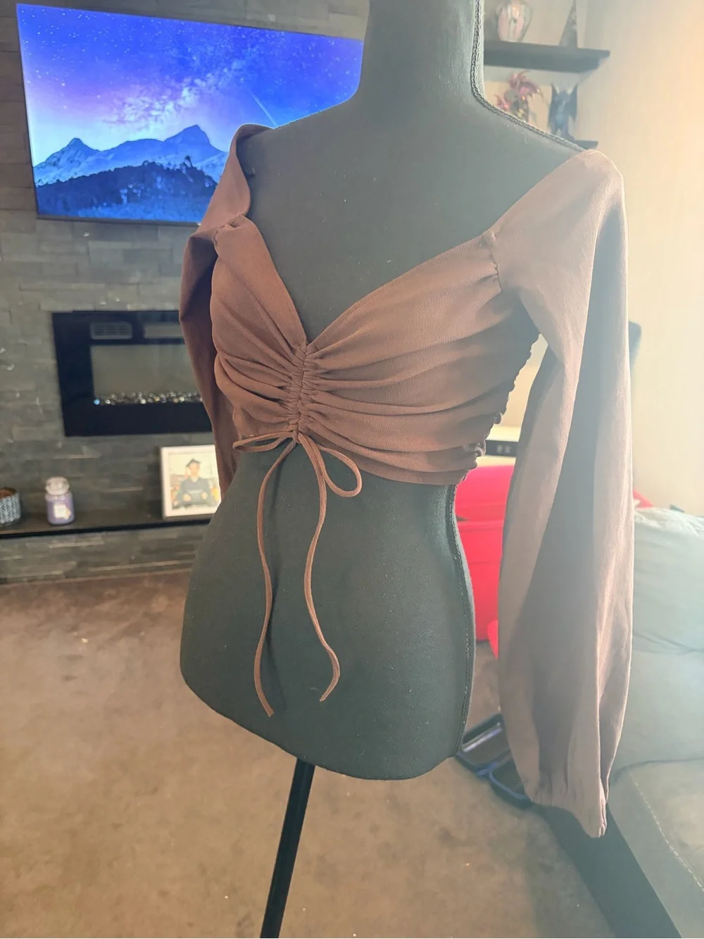 NWOT Zara Brown Ruched Long-Sleeve Crop Top & Free Beauty Gift Bag 🎁